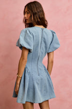 Denim Puff Sleeve Mini Dress -