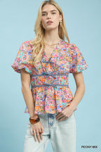 Floral Smocked Waist Peplum Blouse - PEONY MIX