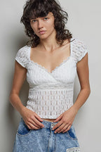 Lace Sweetheart Short Sleeve Top - OFF WHITE