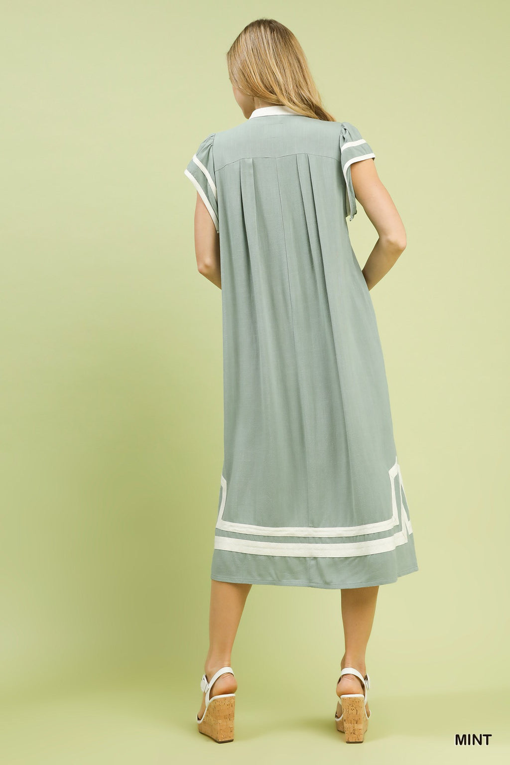 Contrast Neck Linen Cotton Midi Dress -