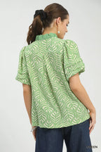 Printed Ruffle Neck Puff Sleeve Top -