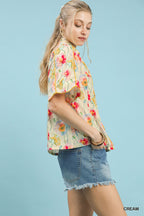 Floral Flutter Sleeve Button Down Blouse -