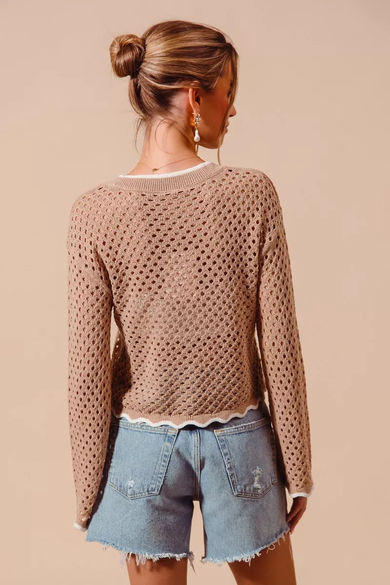 Scallop Trim Open Knit Cardigan -