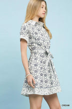 Border Print Belted Shirt Dress -