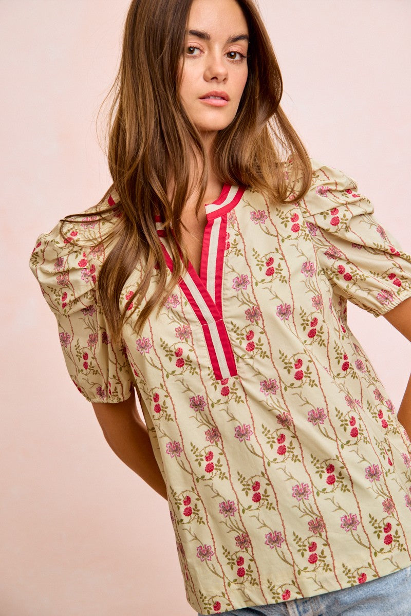 Floral Contrast Neck Puff Blouse -