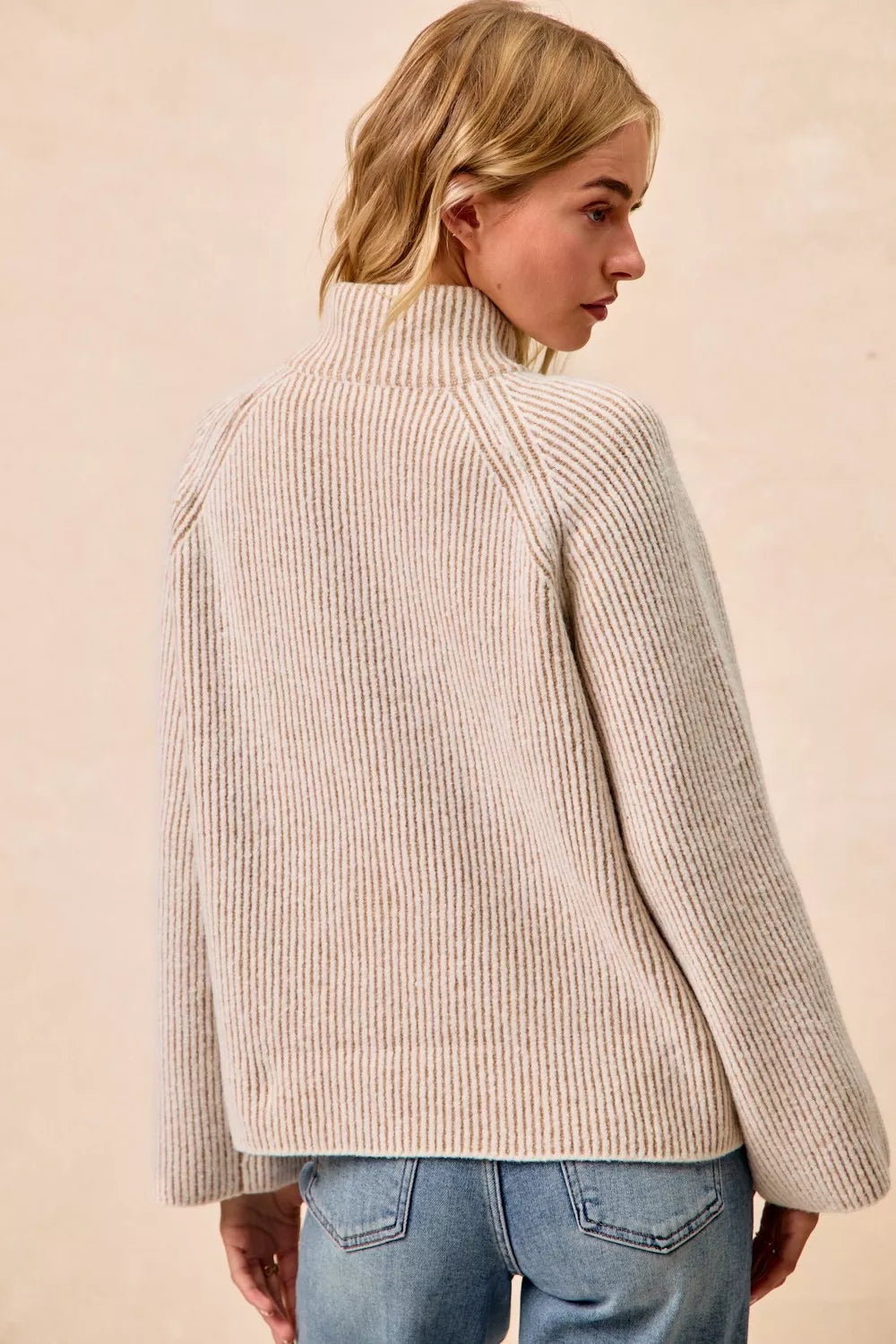 Two Tone Ribbed Half Zip Pullover -