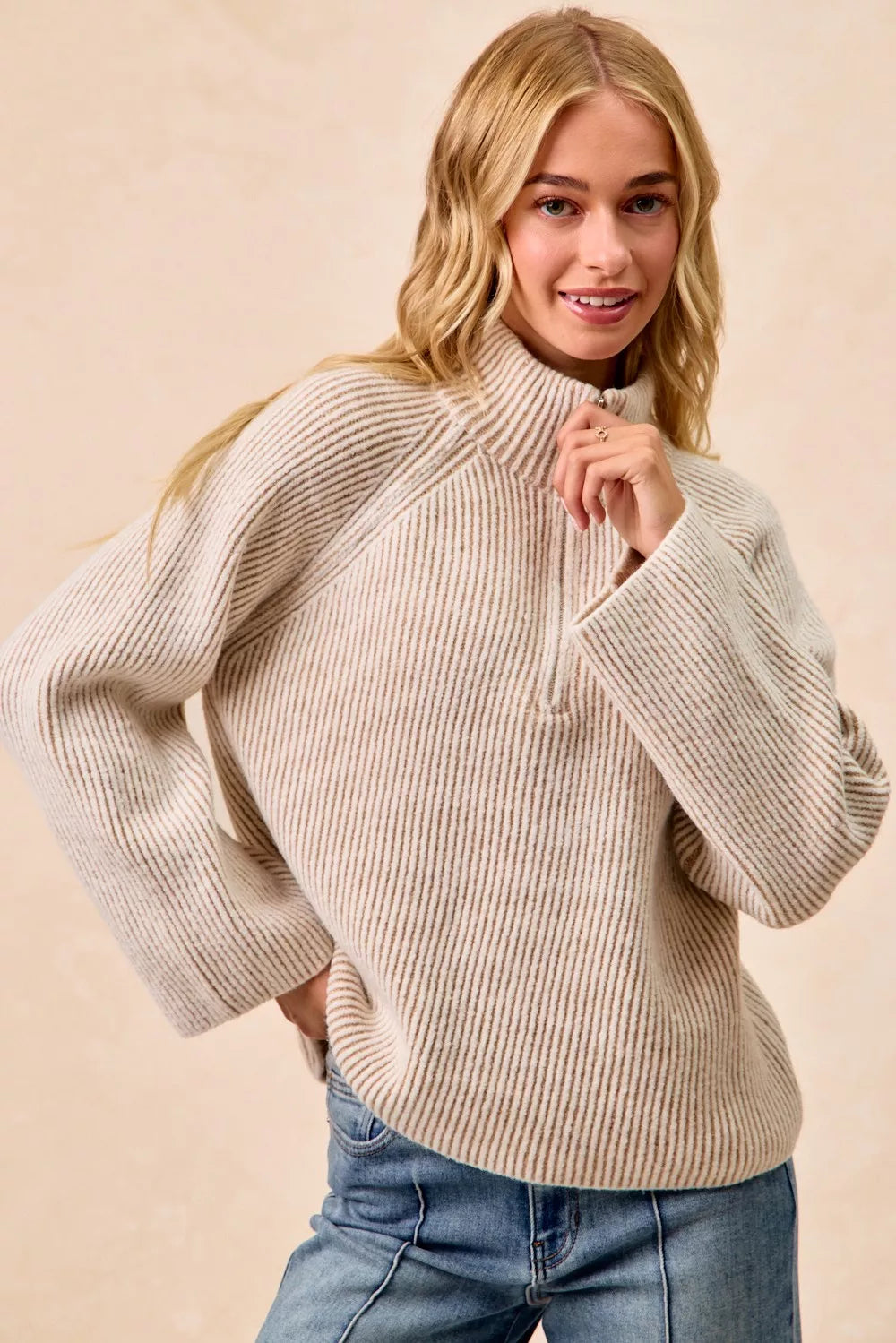 Two Tone Ribbed Half Zip Pullover -