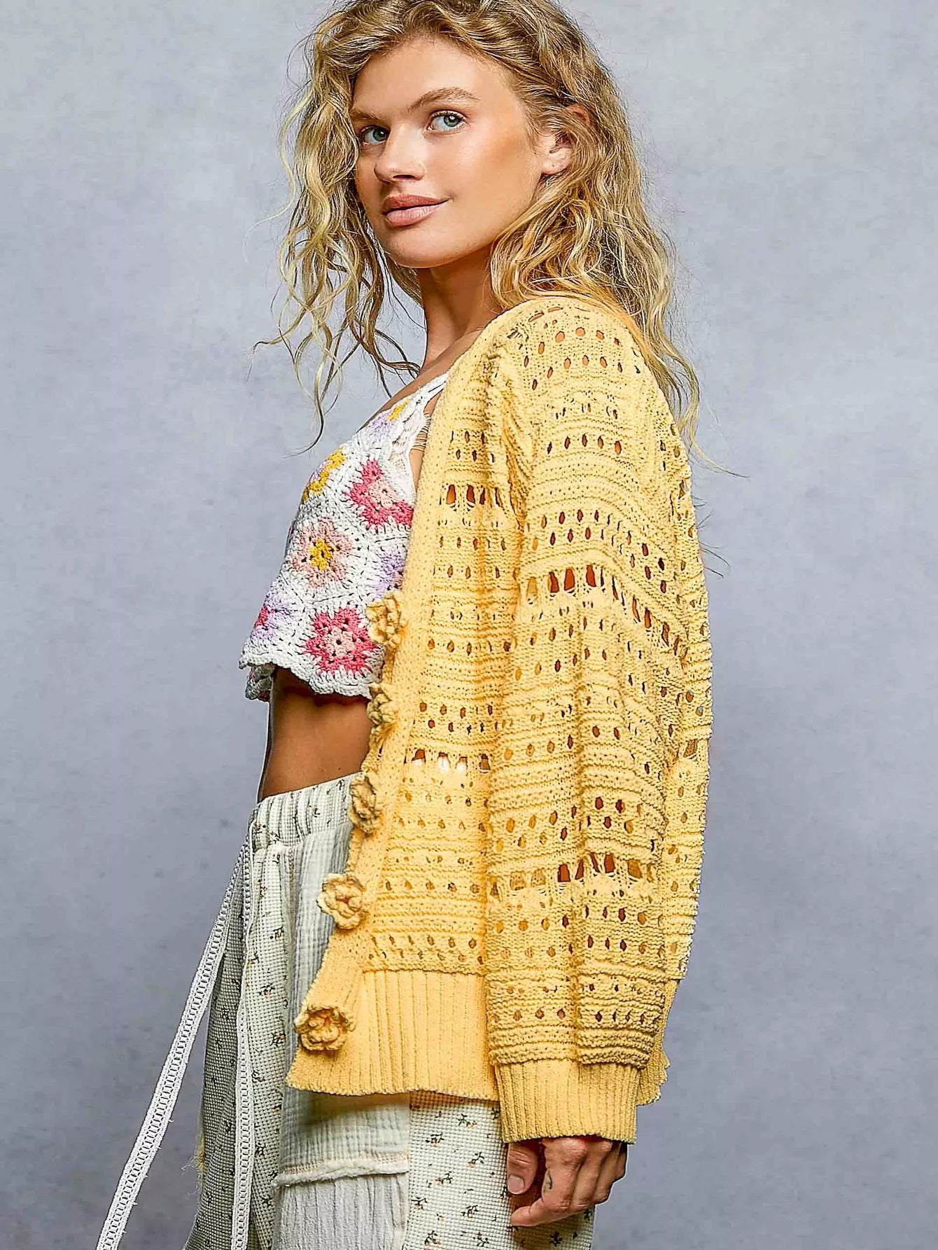 Floral Open Knit Button Cardigan -