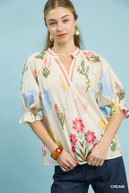 Floral Puff Sleeve Blouse - CREAM