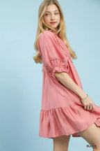 Smocked Bib Ruffle Hem Mini Dress -