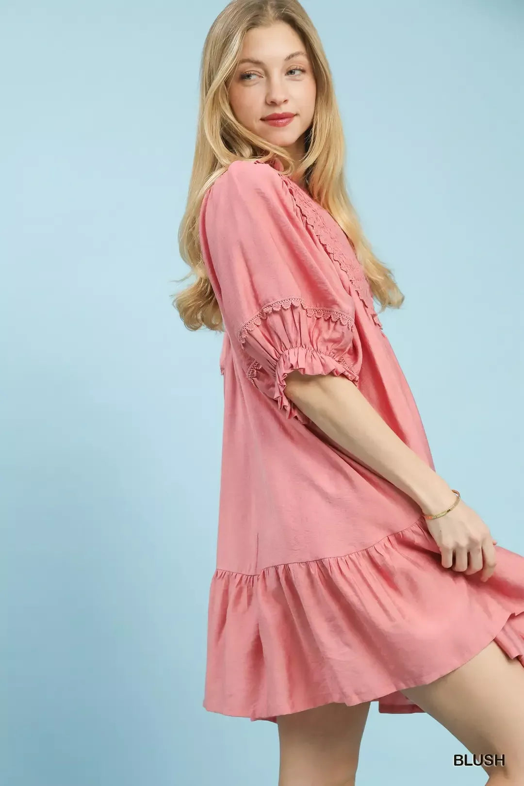 Smocked Bib Ruffle Hem Mini Dress -