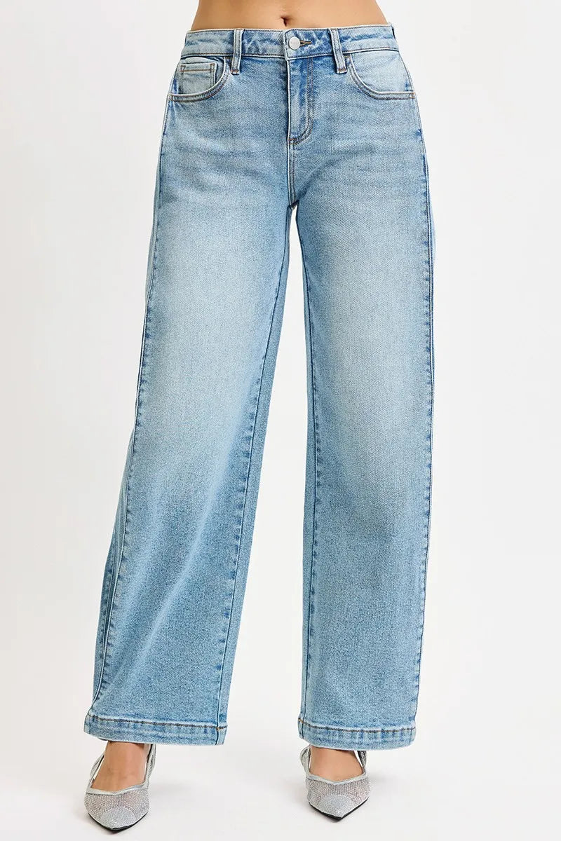 Mid Rise Snap Barrel Wide Jeans -