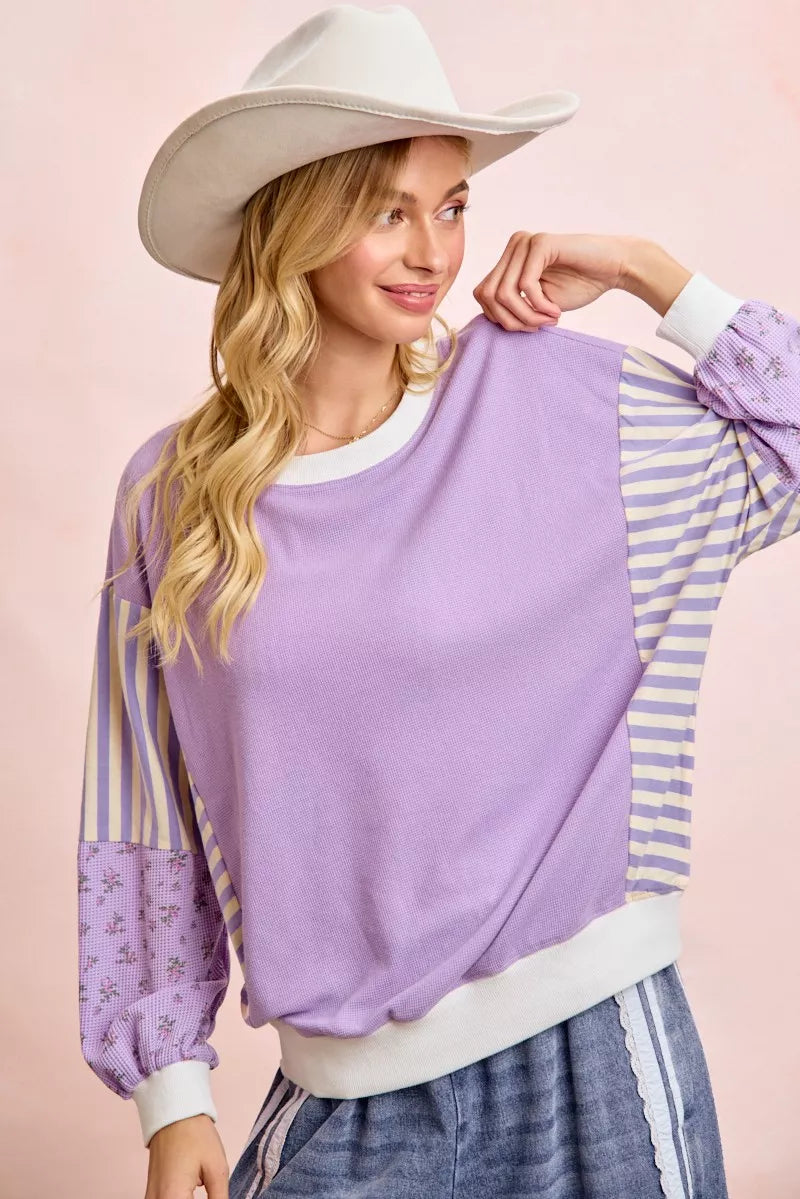 Floral Sleeve Striped Mix Match Sweatshirt -
