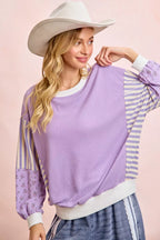 Floral Sleeve Striped Mix Match Sweatshirt -