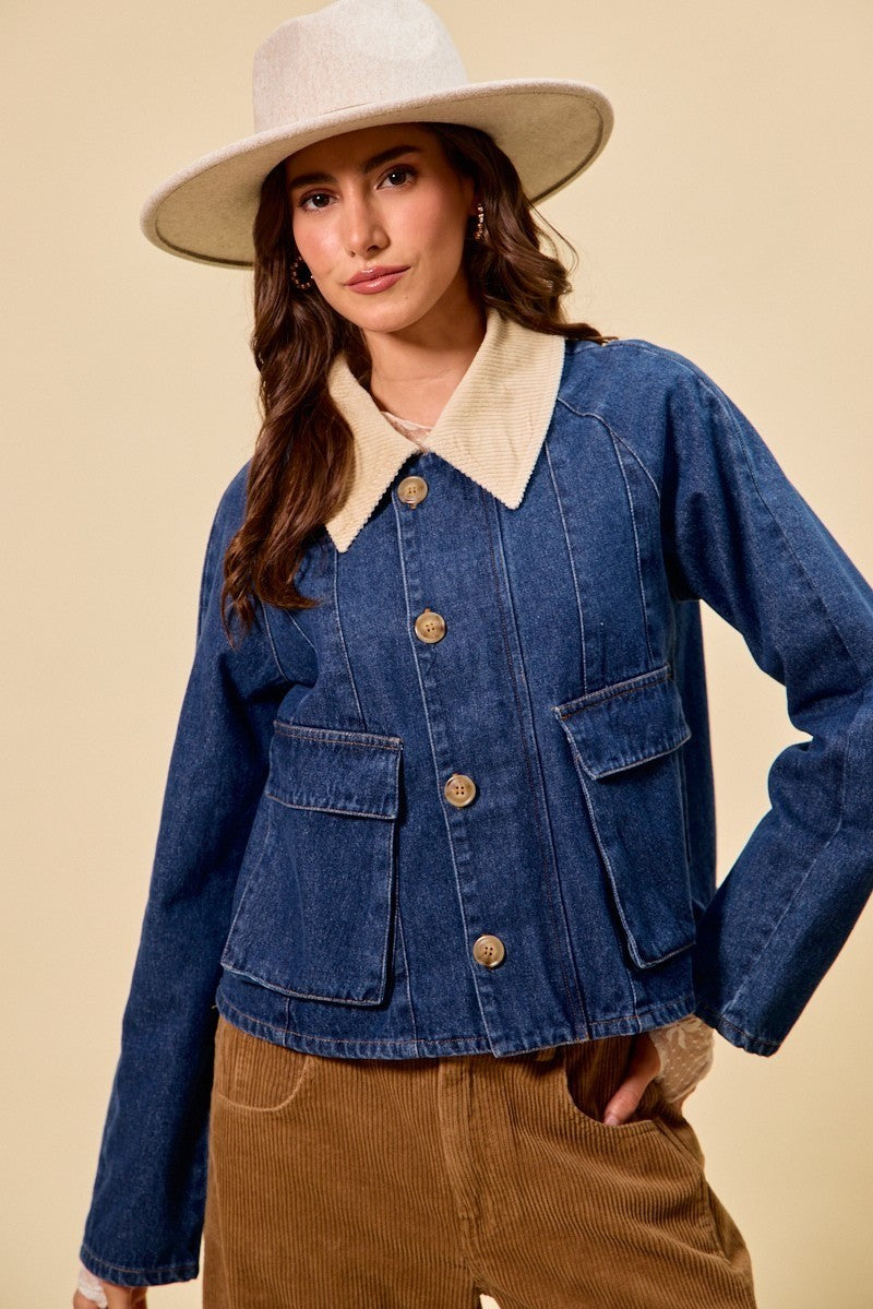 Contrast Collar Denim Jacket - DENIM OATMEAL