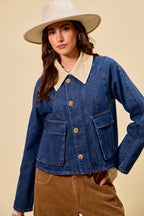 Contrast Collar Denim Jacket - DENIM OATMEAL
