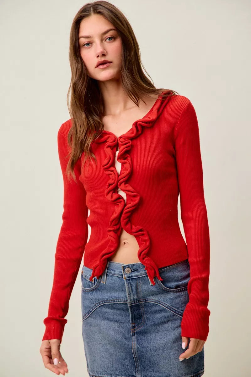 Cascade Ruffle Ribbed Cardigan -