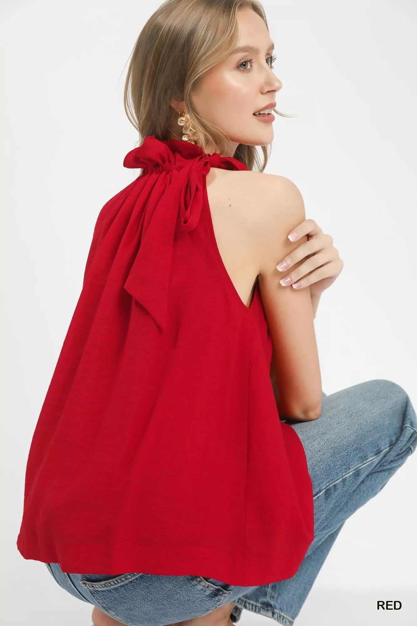 Ruffle Tie Neck Sleeveless Blouse -