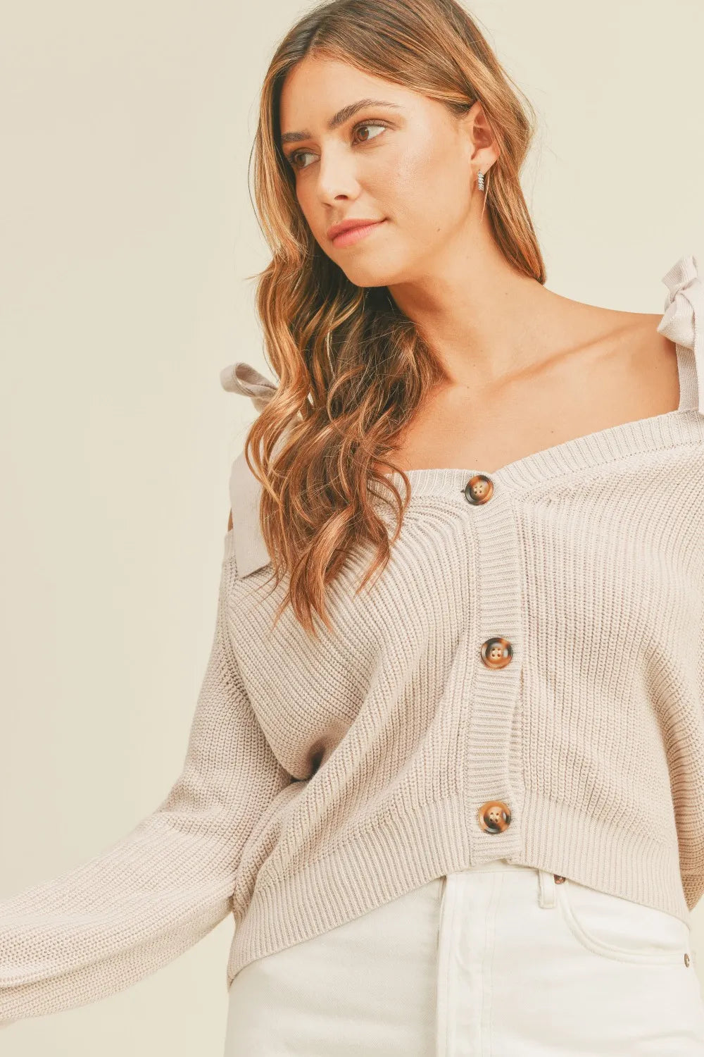 Off Shoulder Tie Strap Button Sweater -
