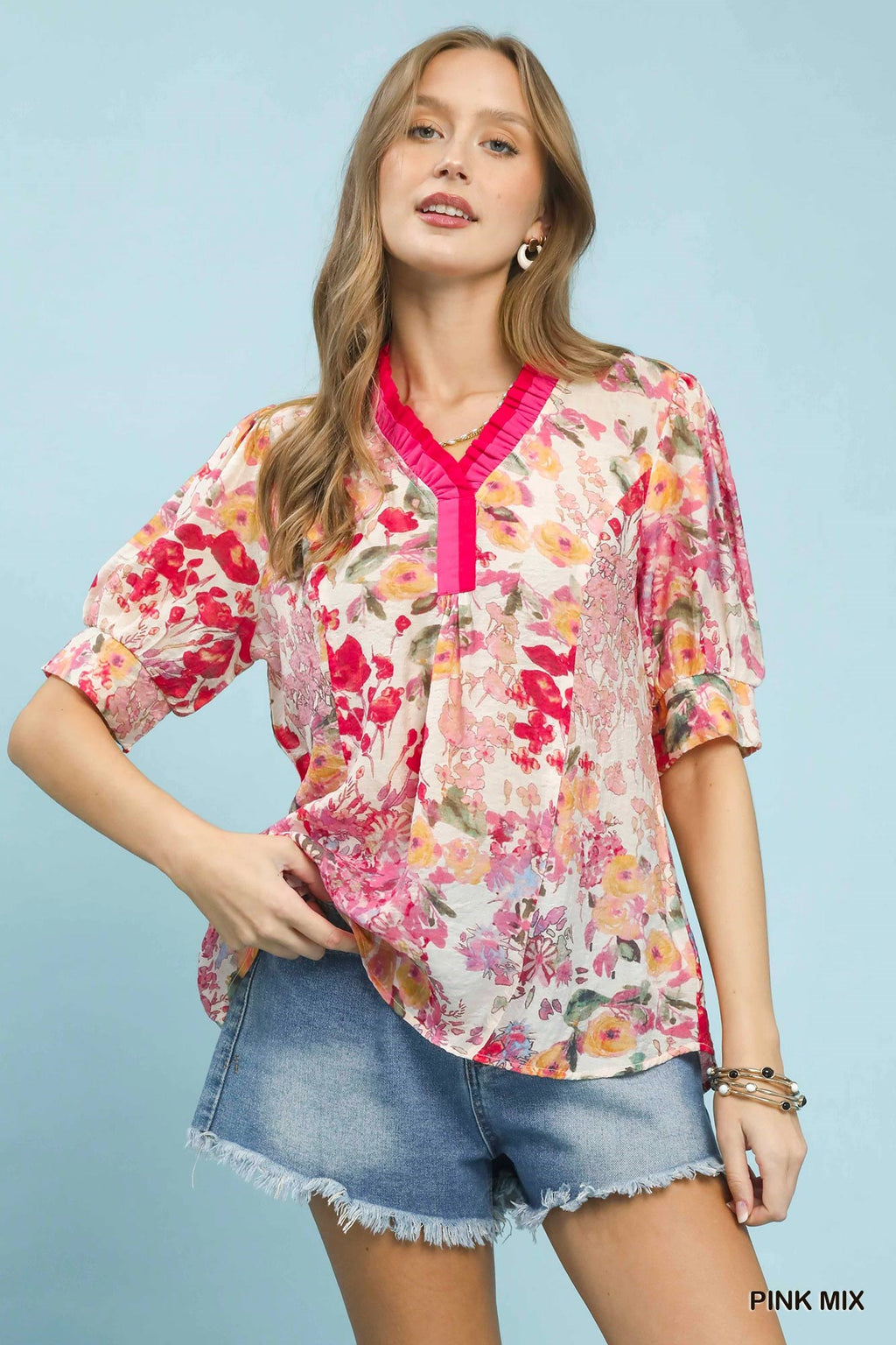 Floral Contrast Pleat Neck Blouse - PINK MIX