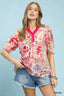Floral Contrast Pleat Neck Blouse - PINK MIX