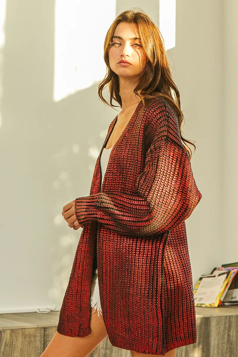 Metallic Knit Open Front Cardigan -
