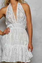 Lace Patch Halter Ruffle Mini Dress -