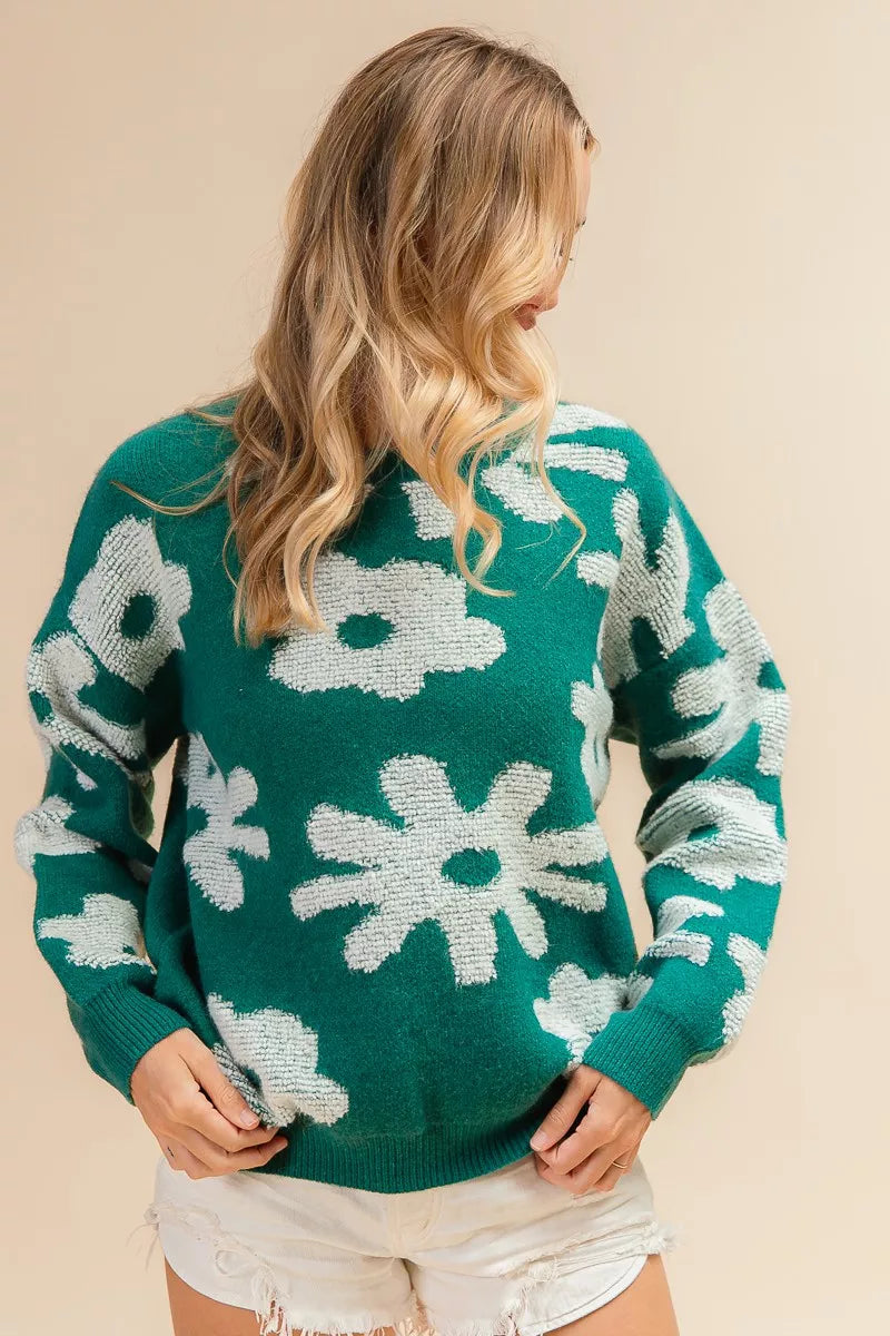 Flower Pattern Long Sleeve Sweater -