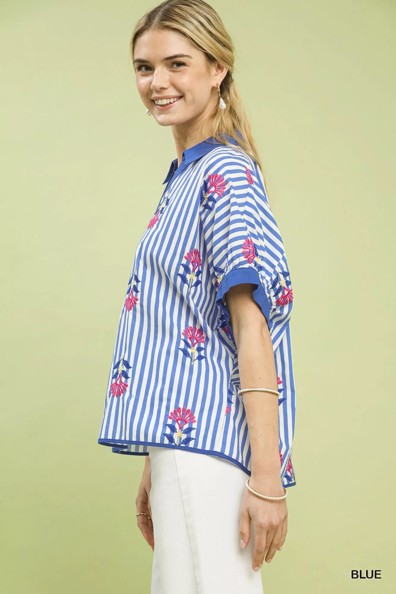 Striped Embroidered Button Front Boho Blouse -