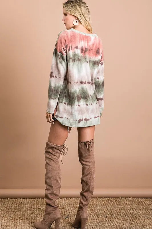 Brushed Tie Dye V Neck Top -