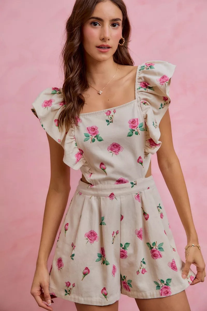 Floral Ruffle Cutout Denim Romper -