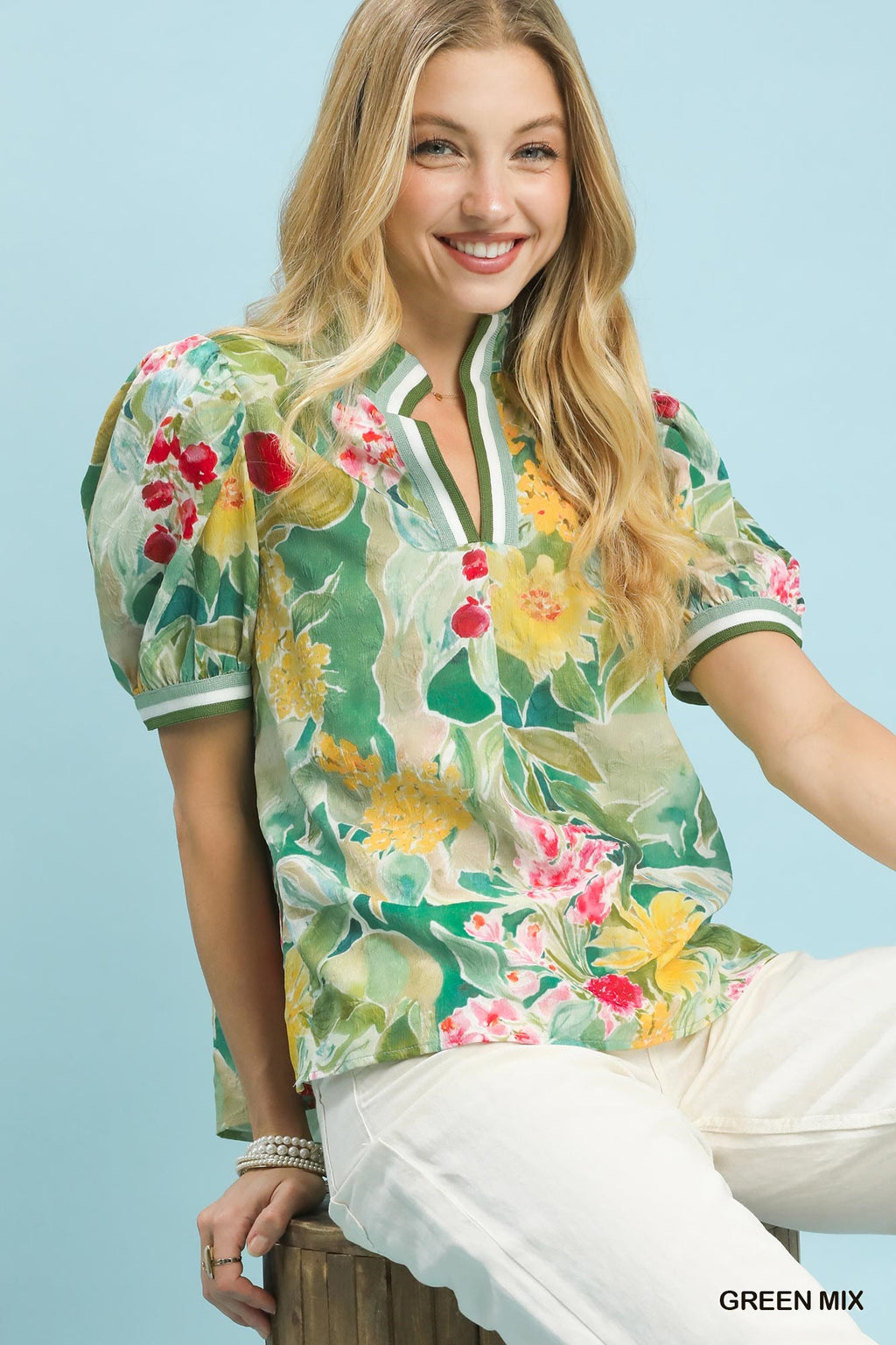 Bloomscape Jacquard Split Neck Blouse -