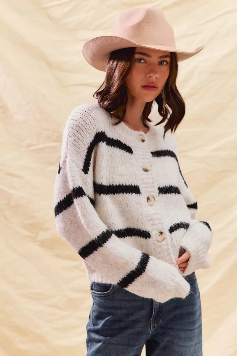 Soft Stripe Button Front Cardigan -