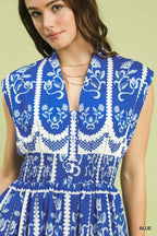 Smocked Border Print Midi Dress -