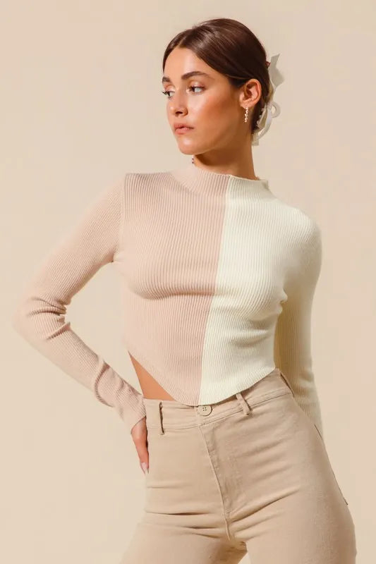 Fitted Color Block Crop Sweater - TAUPE IVORY
