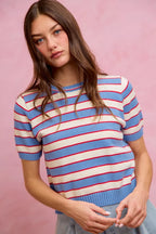 Striped Short Sleeve Knit Sweater -
