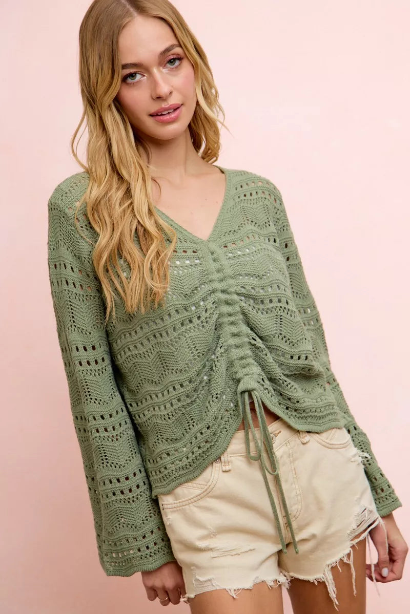 Pointelle Ruched V Neck Sweater -