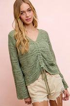 Pointelle Ruched V Neck Sweater -