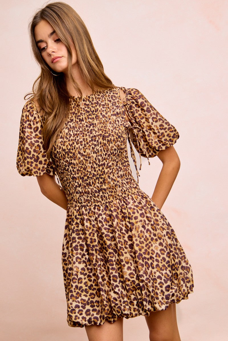 Leopard Smocked Puff Sleeve Mini Dress -