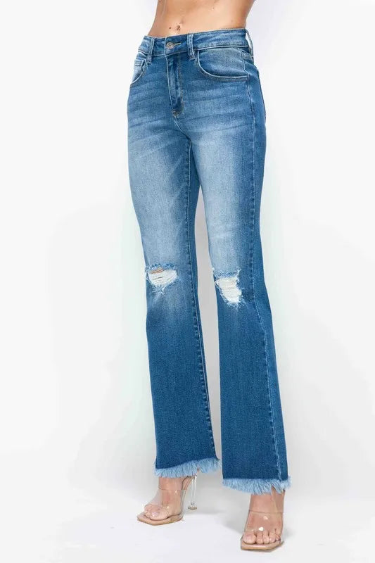 High Rise Distressed Raw Bootcut Jeans -