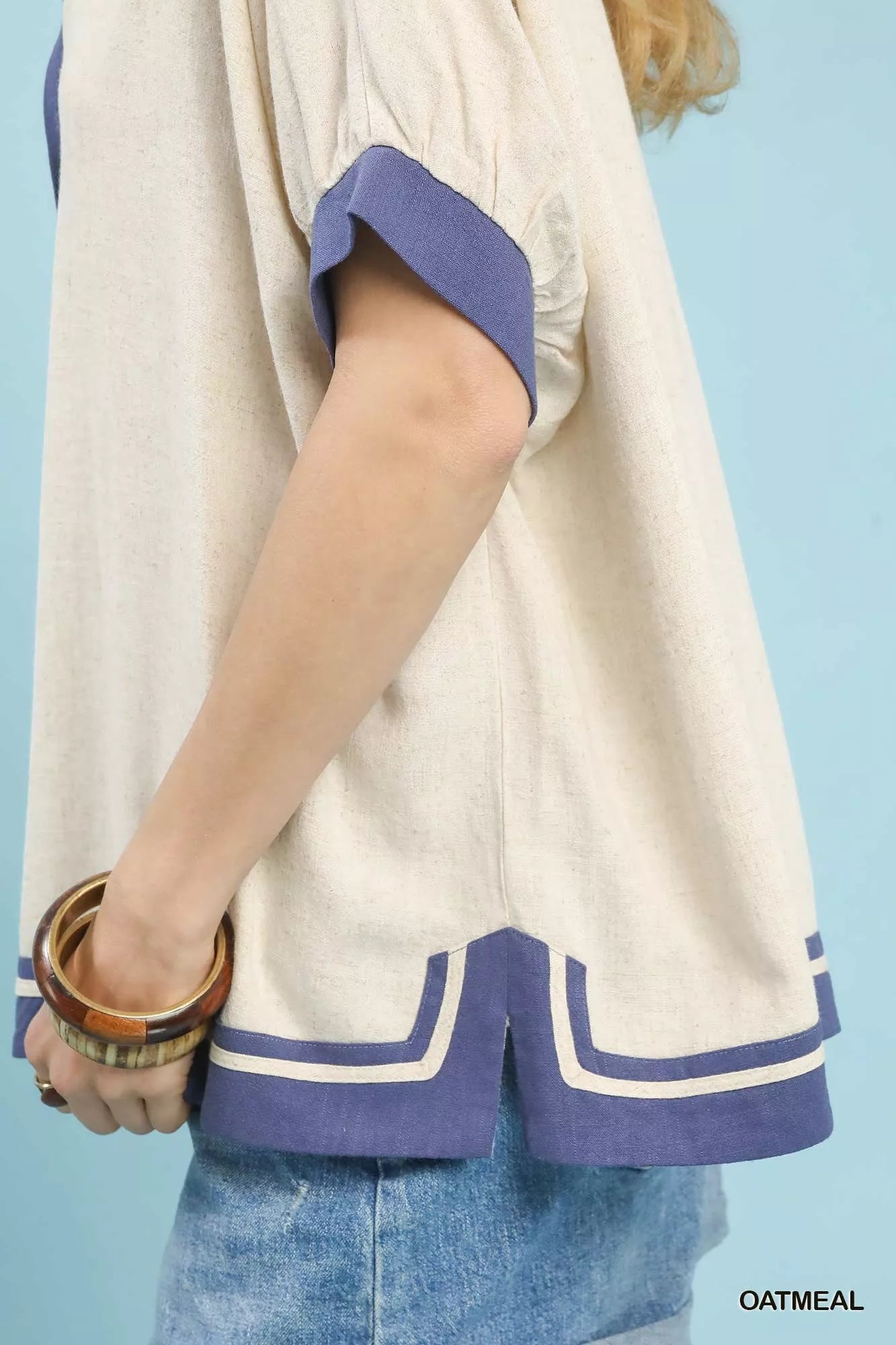 Linen Button Front Contrast Piping Shirt -