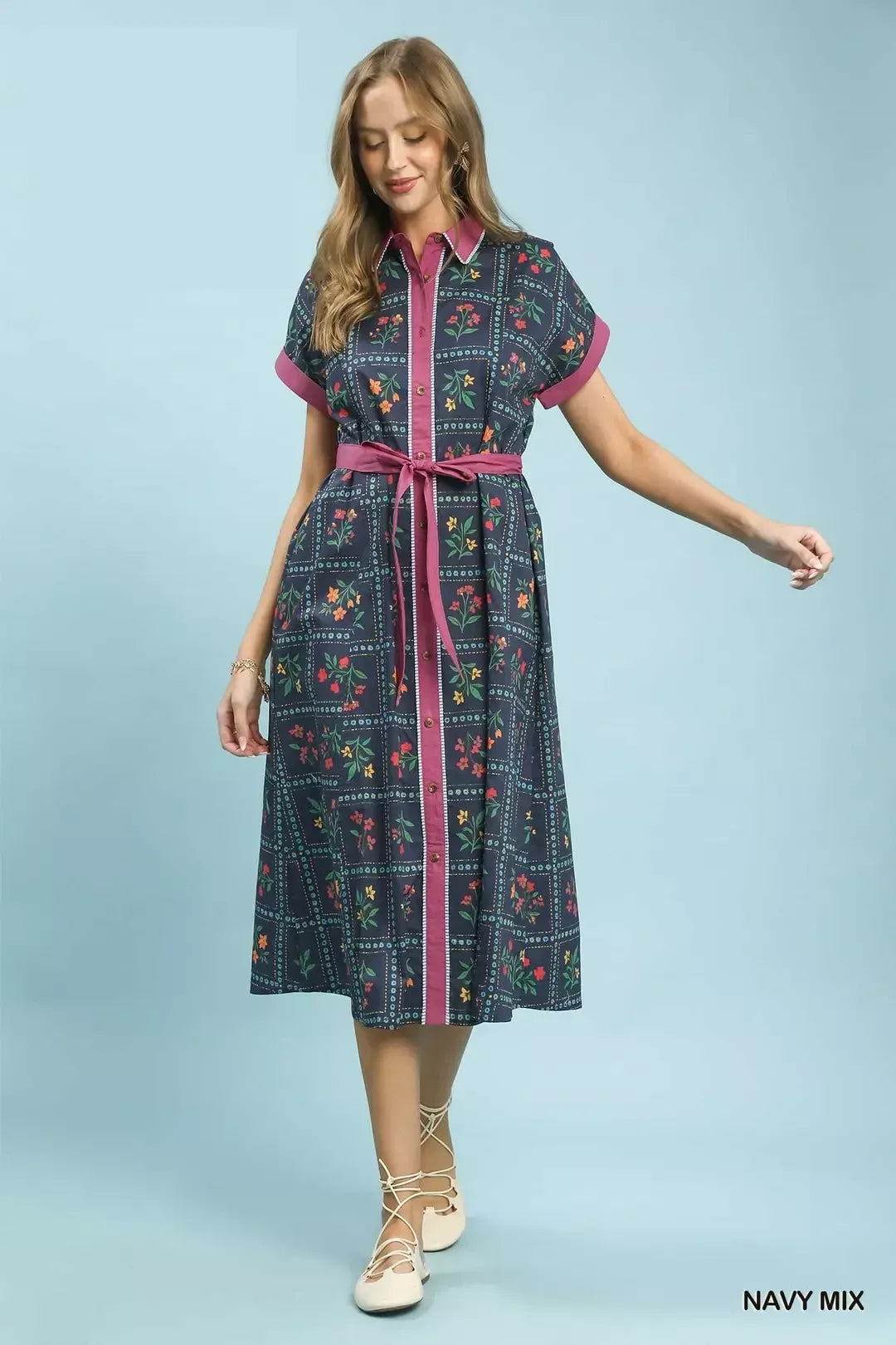 Mixed Floral Button Front Midi Dress - NAVY MIX Main image