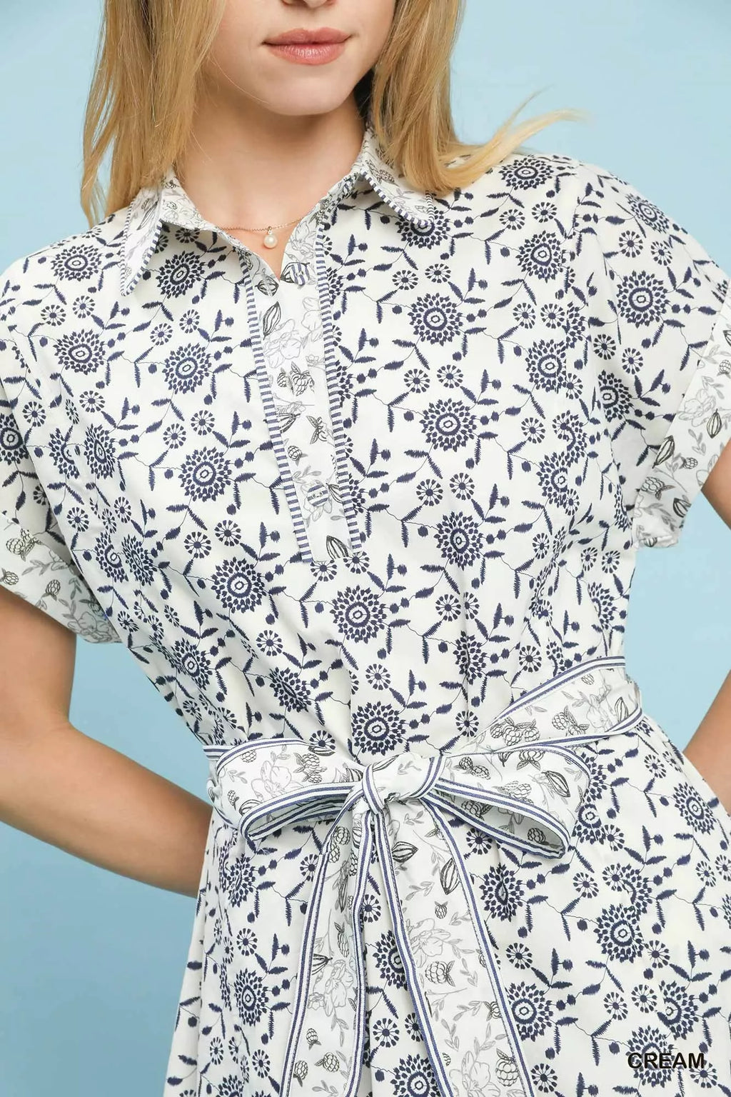 Border Print Belted Shirt Dress -