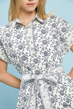 Border Print Belted Shirt Dress -