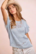 Pointelle Short Sleeve Knit Sweater -