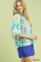 Watercolor Floral Flounce Sleeve Blouse -