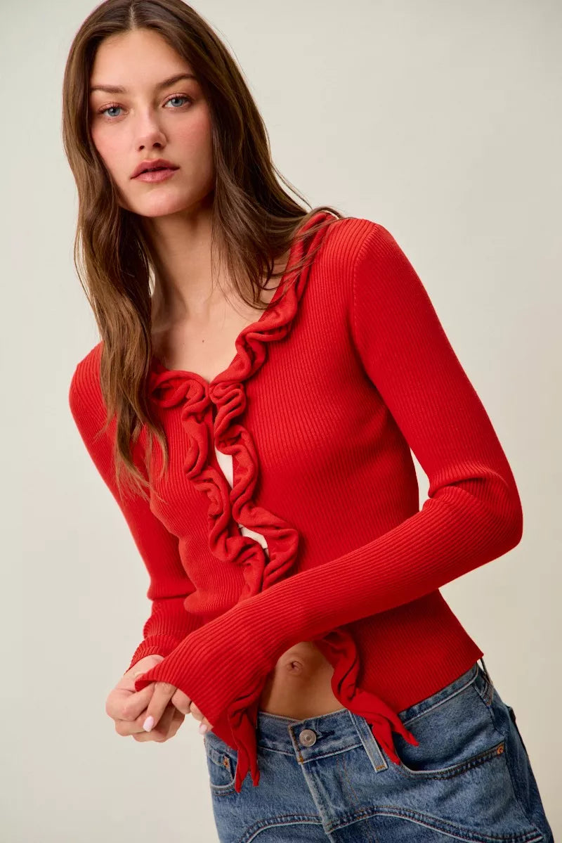 Cascade Ruffle Ribbed Cardigan -