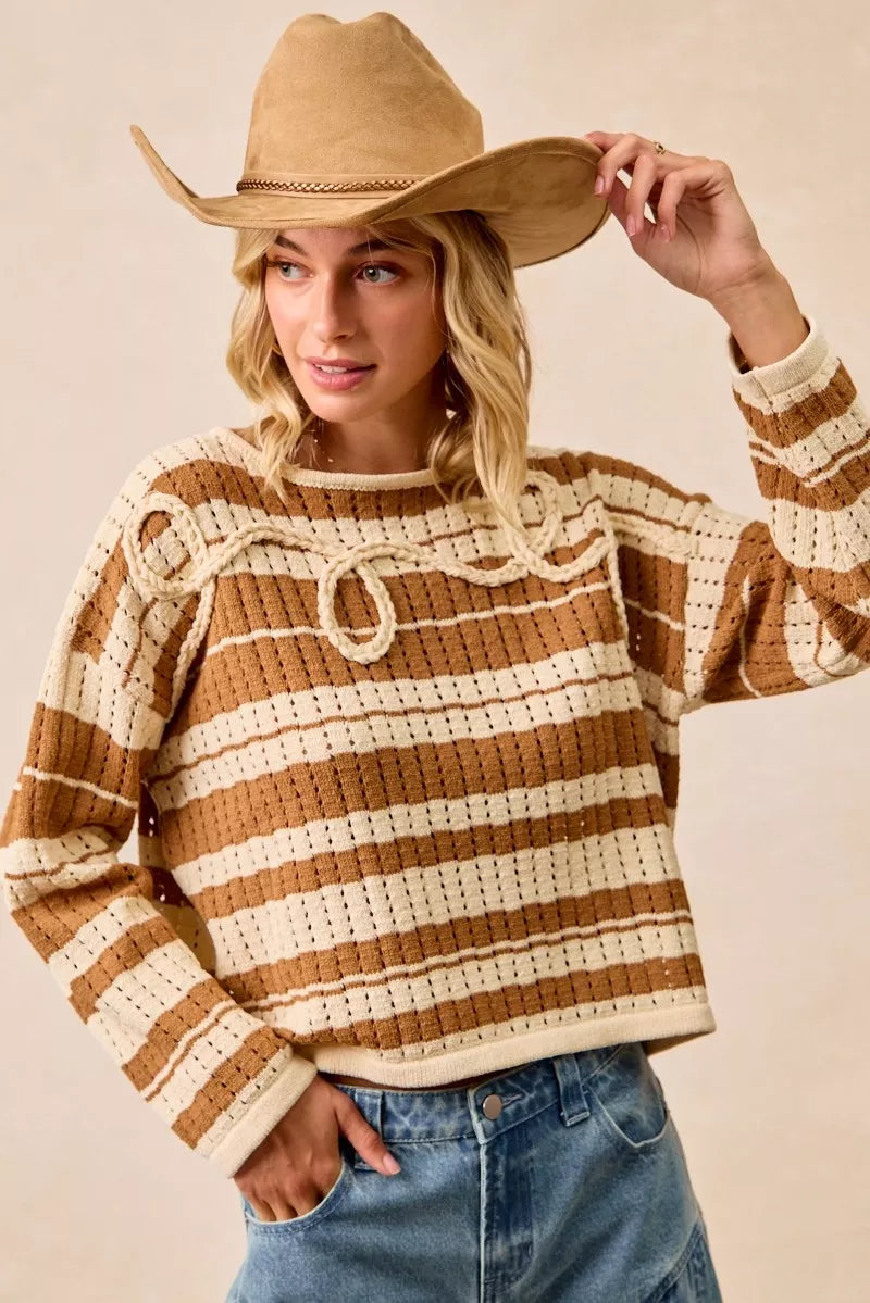 Striped Open Knit Braided Detail Sweater - BROWN