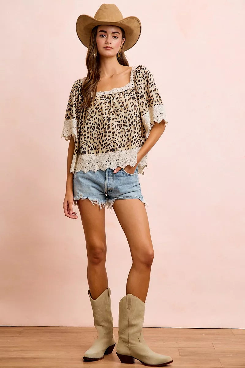 Leopard Lace Square Neck Blouse -