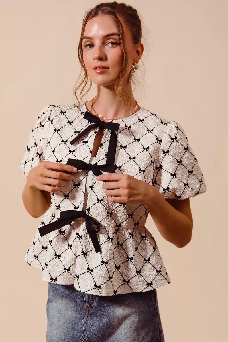 Contrast Bow Textured Peplum Top -